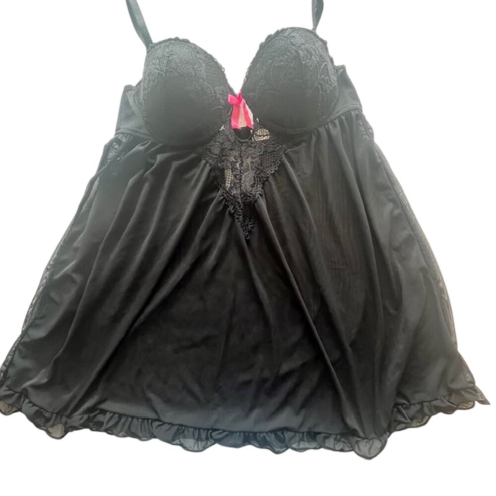Passion Forever Black Babydoll Nightgown with Lace and Ruffles- Size L